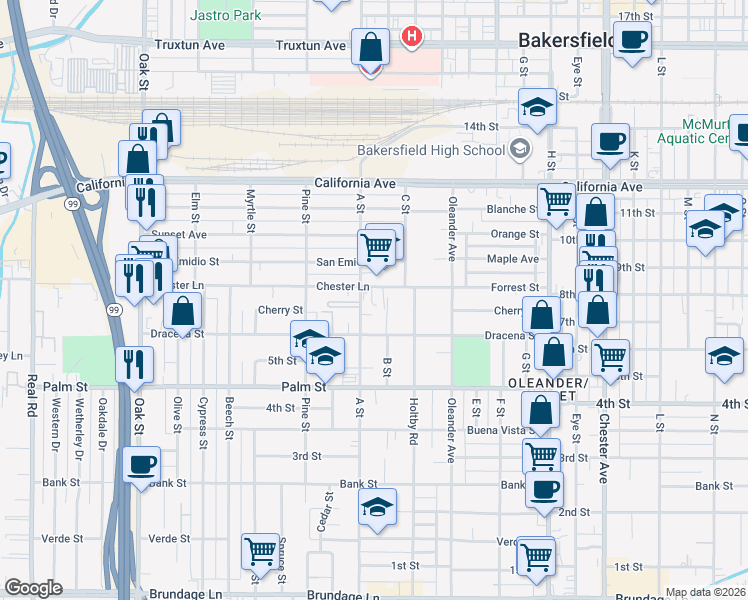 map of restaurants, bars, coffee shops, grocery stores, and more near 639 A Street in Bakersfield