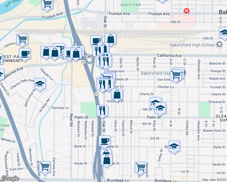 map of restaurants, bars, coffee shops, grocery stores, and more near 702 Olive Street in Bakersfield