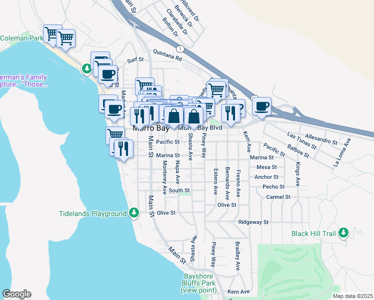 map of restaurants, bars, coffee shops, grocery stores, and more near 500 Marina Street in Morro Bay