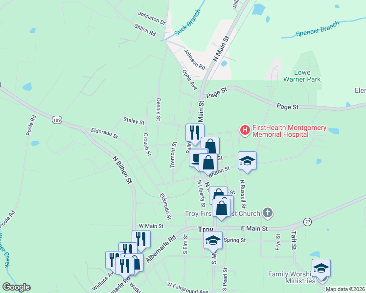 map of restaurants, bars, coffee shops, grocery stores, and more near 525 Railroad Avenue in Troy