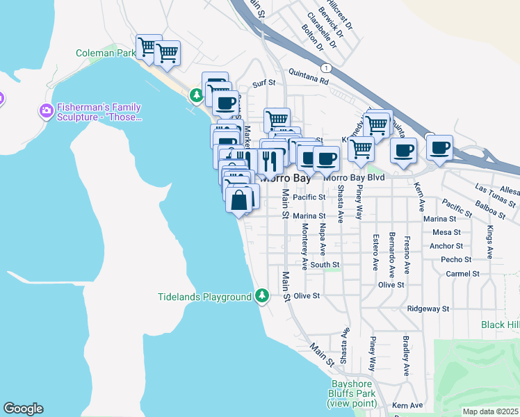 map of restaurants, bars, coffee shops, grocery stores, and more near 645 Morro Avenue in Morro Bay