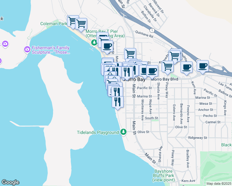 map of restaurants, bars, coffee shops, grocery stores, and more near 210 Marina Street in Morro Bay
