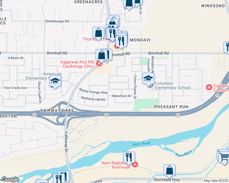 map of restaurants, bars, coffee shops, grocery stores, and more near 9621 Staffordshire Way in Bakersfield