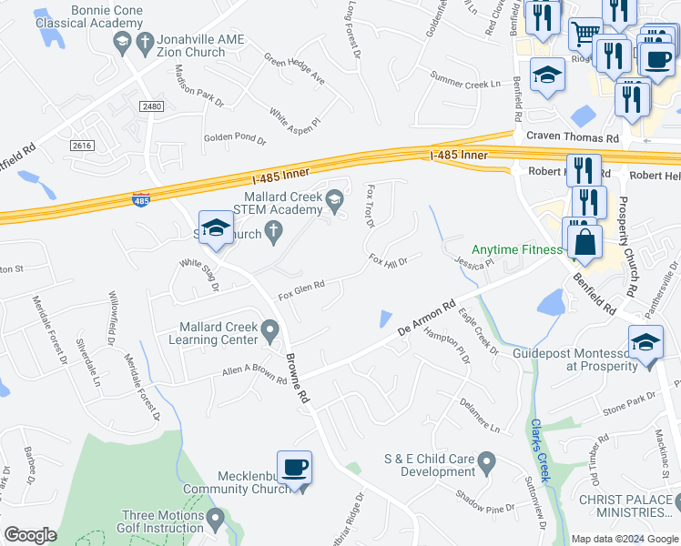 map of restaurants, bars, coffee shops, grocery stores, and more near 12007 Fox Glen Road in Charlotte