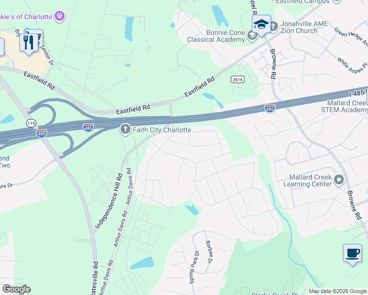 map of restaurants, bars, coffee shops, grocery stores, and more near 9009 Buckley Court in Charlotte
