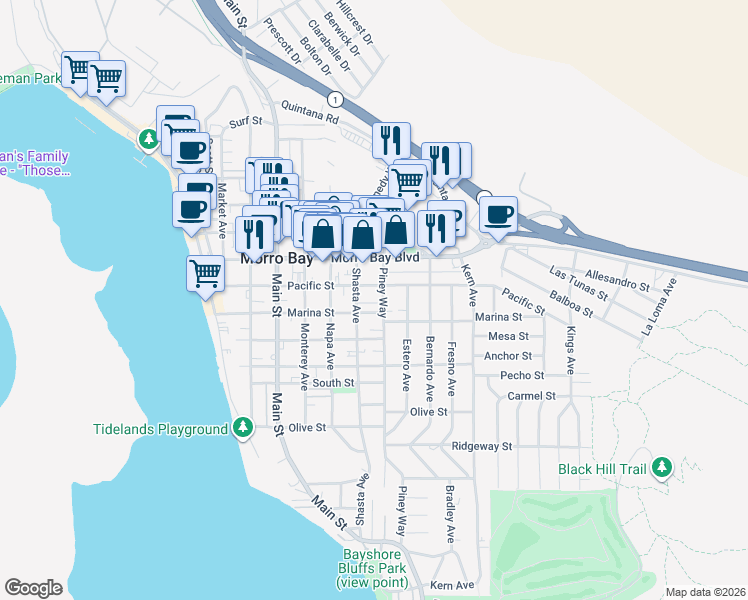 map of restaurants, bars, coffee shops, grocery stores, and more near 641 Piney Way in Morro Bay