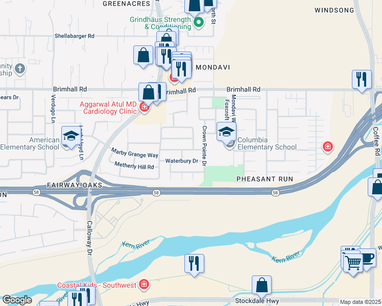 map of restaurants, bars, coffee shops, grocery stores, and more near 9503 Staffordshire Way in Bakersfield