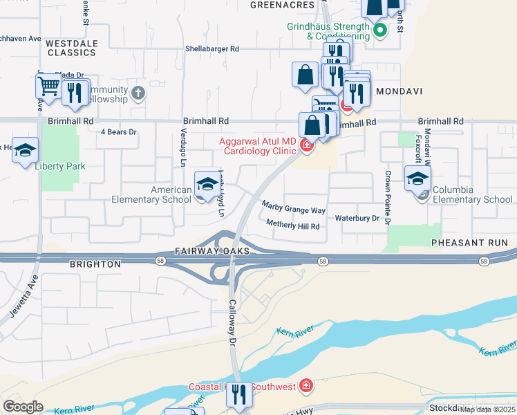 map of restaurants, bars, coffee shops, grocery stores, and more near 615 Wanstead Lane in Bakersfield