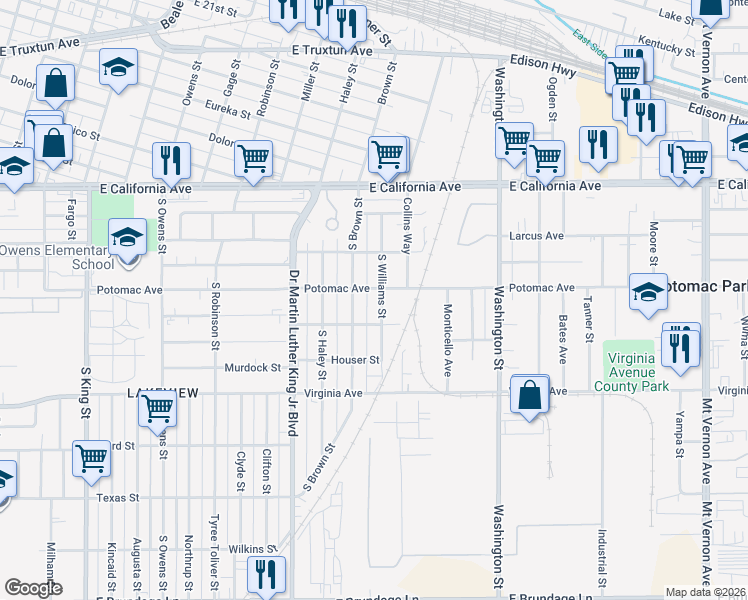 map of restaurants, bars, coffee shops, grocery stores, and more near 722 South Williams Street in Bakersfield