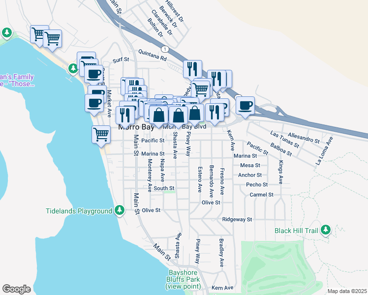 map of restaurants, bars, coffee shops, grocery stores, and more near 641 Piney Way in Morro Bay