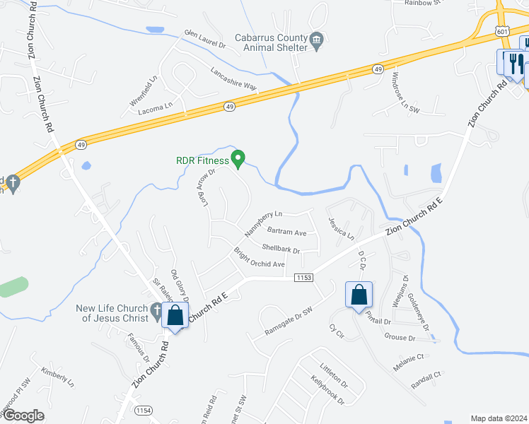 map of restaurants, bars, coffee shops, grocery stores, and more near 741 Nannyberry Lane in Concord
