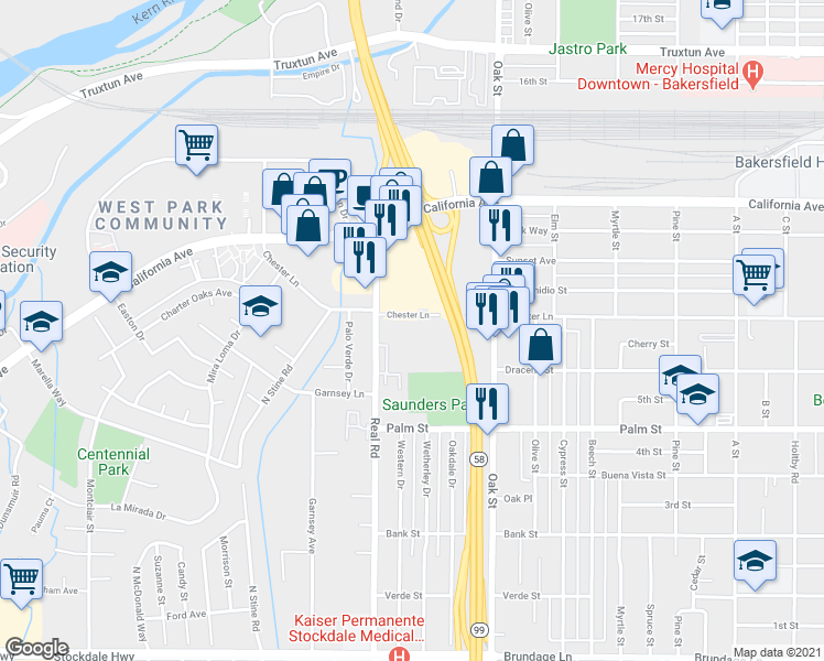 map of restaurants, bars, coffee shops, grocery stores, and more near 3313 Chester Lane in Bakersfield
