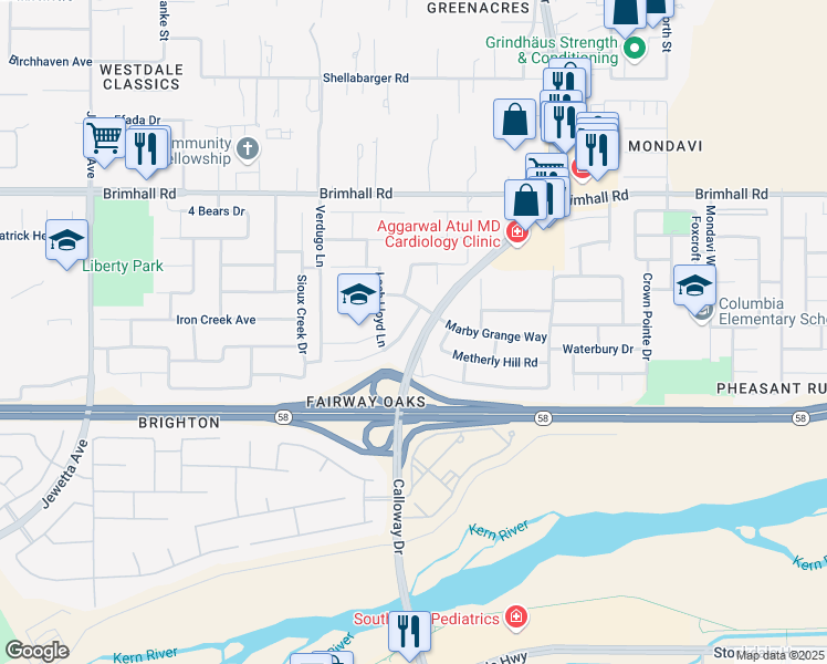 map of restaurants, bars, coffee shops, grocery stores, and more near 601 Wanstead Lane in Bakersfield