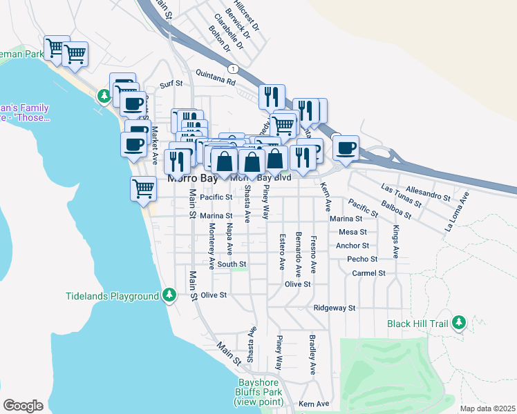 map of restaurants, bars, coffee shops, grocery stores, and more near 591 Piney Way in Morro Bay
