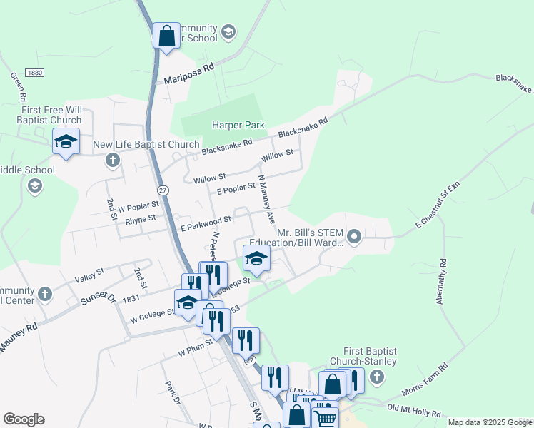 map of restaurants, bars, coffee shops, grocery stores, and more near 310 East Parkwood Street in Stanley