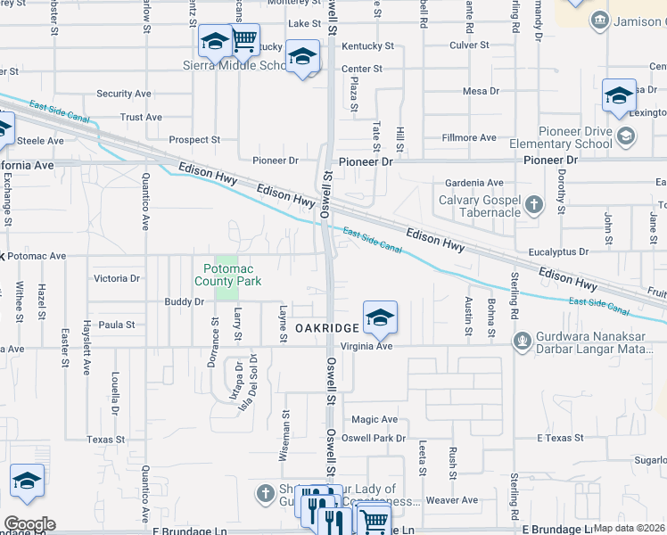 map of restaurants, bars, coffee shops, grocery stores, and more near 531 Oswell Street in Bakersfield