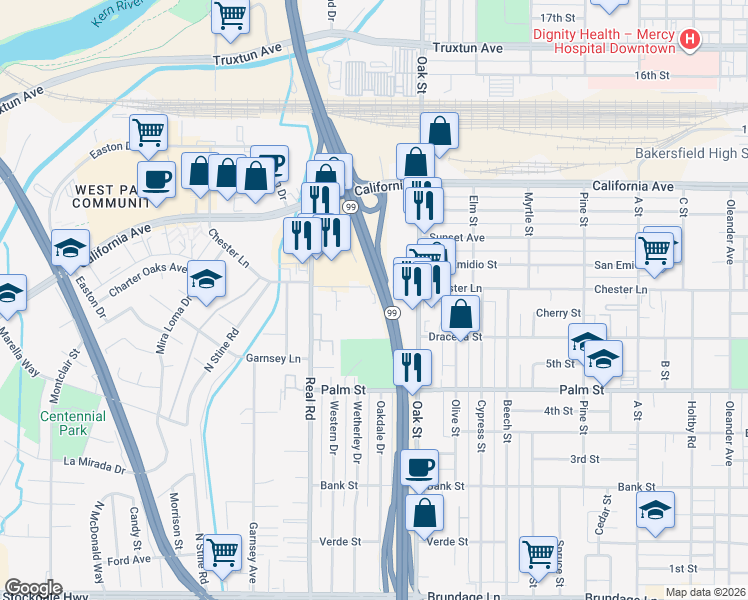 map of restaurants, bars, coffee shops, grocery stores, and more near 3279 Chester Lane in Bakersfield