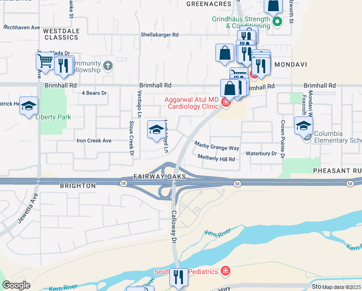 map of restaurants, bars, coffee shops, grocery stores, and more near 601 Wanstead Lane in Bakersfield