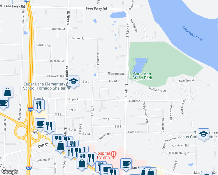 map of restaurants, bars, coffee shops, grocery stores, and more near 7121 Robinwood in Fort Smith