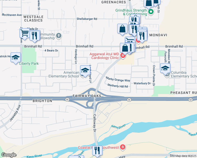 map of restaurants, bars, coffee shops, grocery stores, and more near 10117 Bay Colony Drive in Bakersfield