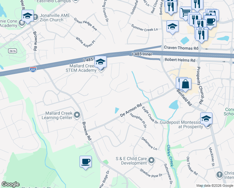 map of restaurants, bars, coffee shops, grocery stores, and more near 11339 Fox Hill Drive in Charlotte