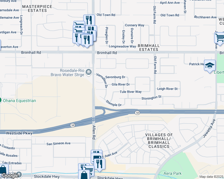 map of restaurants, bars, coffee shops, grocery stores, and more near 12608 Tule River Way in Bakersfield