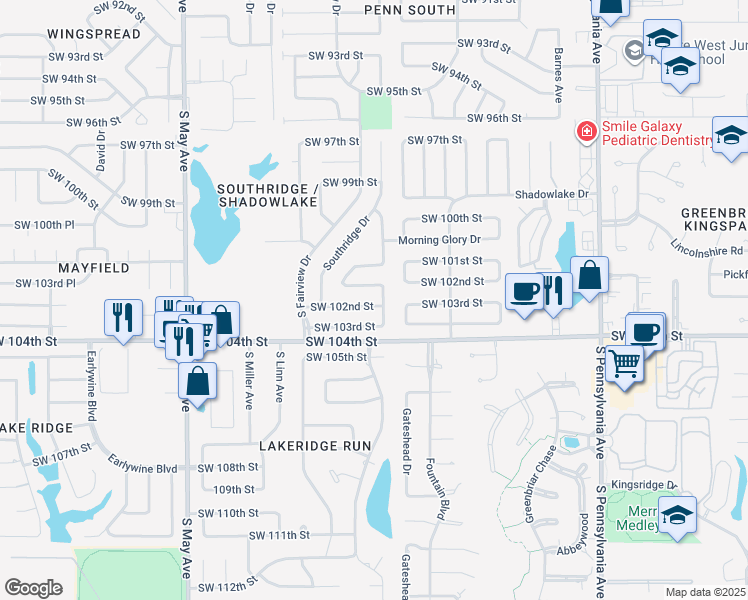 map of restaurants, bars, coffee shops, grocery stores, and more near 2500 Southwest 102nd Street in Oklahoma City
