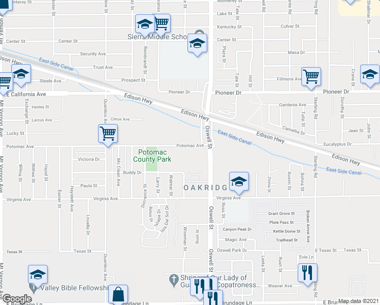 map of restaurants, bars, coffee shops, grocery stores, and more near 3017 Potomac Avenue in Bakersfield