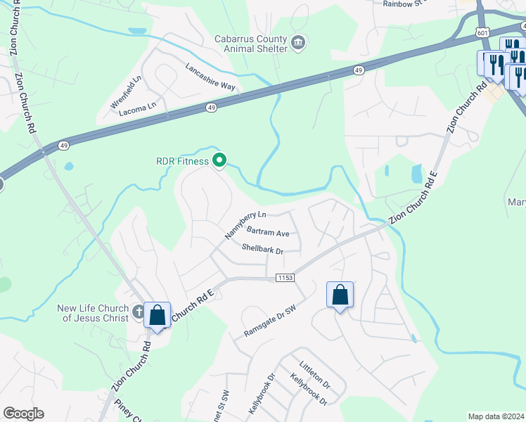 map of restaurants, bars, coffee shops, grocery stores, and more near 765 Nannyberry Lane in Concord