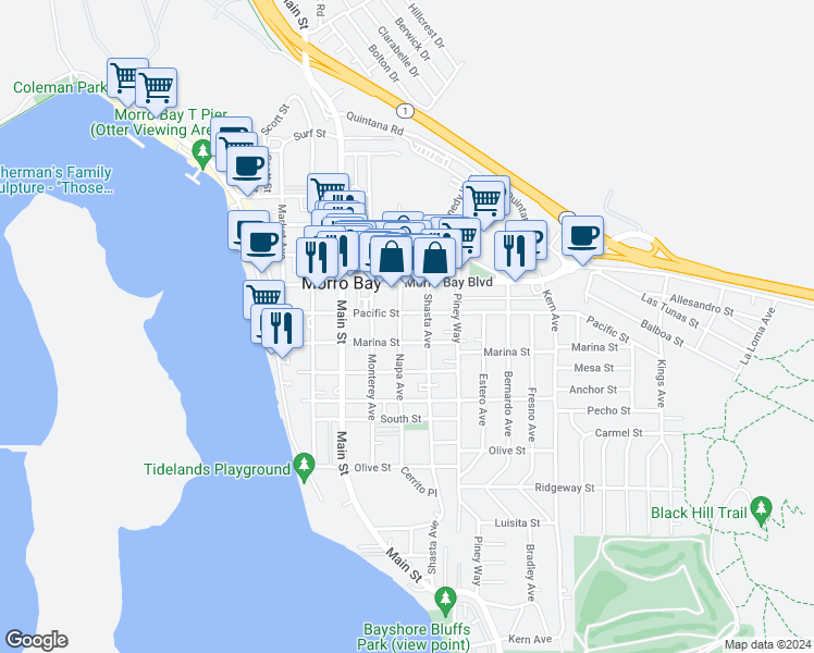 map of restaurants, bars, coffee shops, grocery stores, and more near 660 Napa Avenue in Morro Bay