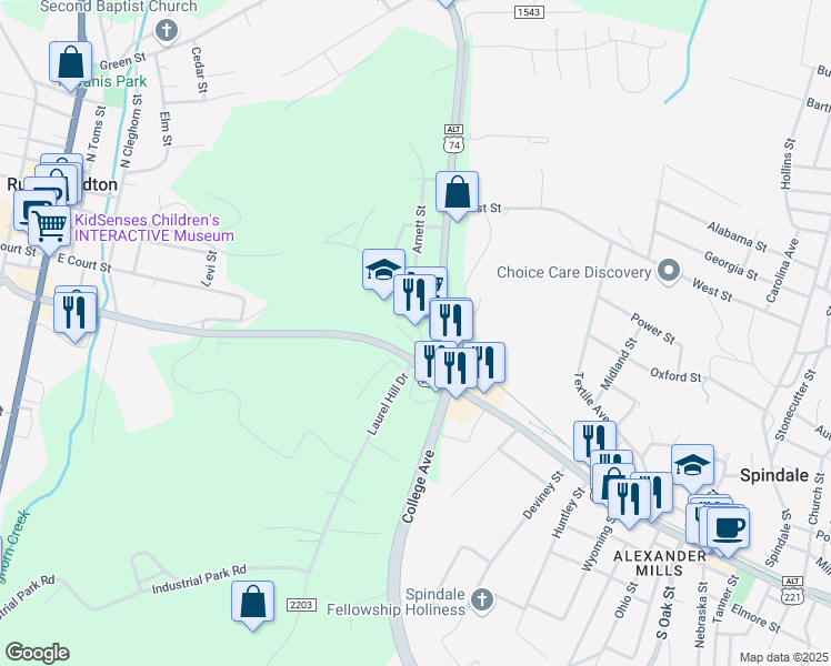 map of restaurants, bars, coffee shops, grocery stores, and more near 169 Railroad Avenue in Rutherfordton