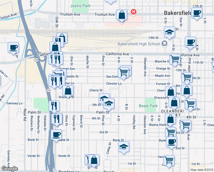 map of restaurants, bars, coffee shops, grocery stores, and more near 630 Pine Street in Bakersfield
