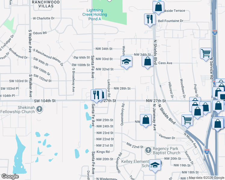 map of restaurants, bars, coffee shops, grocery stores, and more near 1012 Northwest 28th Street in Moore