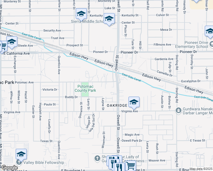 map of restaurants, bars, coffee shops, grocery stores, and more near 3017 Potomac Avenue in Bakersfield