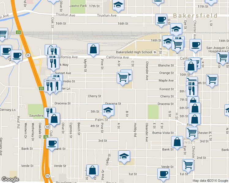 map of restaurants, bars, coffee shops, grocery stores, and more near 639 A Street in Bakersfield