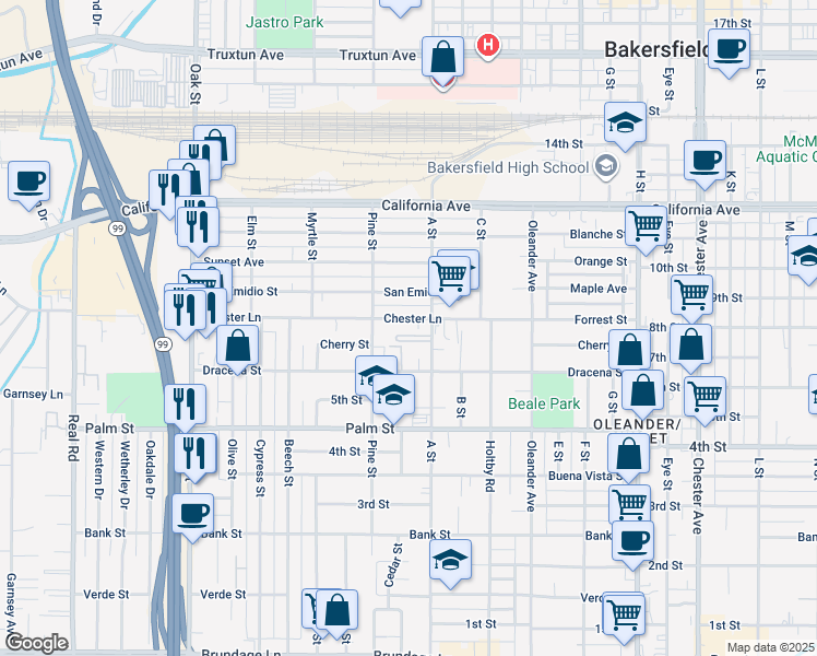 map of restaurants, bars, coffee shops, grocery stores, and more near 630 Pine Street in Bakersfield