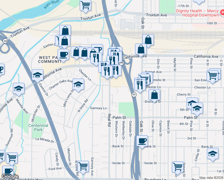 map of restaurants, bars, coffee shops, grocery stores, and more near 724 Real Road in Bakersfield