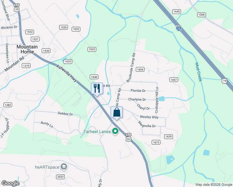 map of restaurants, bars, coffee shops, grocery stores, and more near 155 Brookside Camp Road in Hendersonville