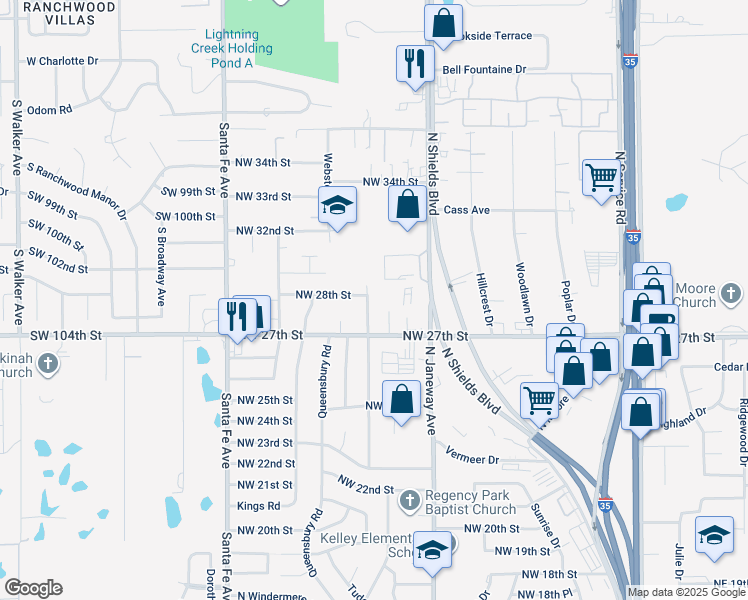map of restaurants, bars, coffee shops, grocery stores, and more near 2812 North Nottingham Way in Moore