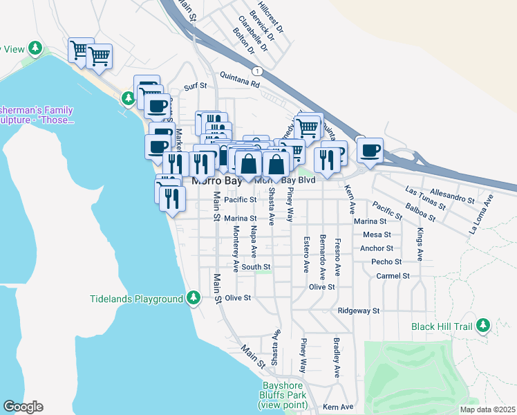 map of restaurants, bars, coffee shops, grocery stores, and more near 660 Napa Avenue in Morro Bay