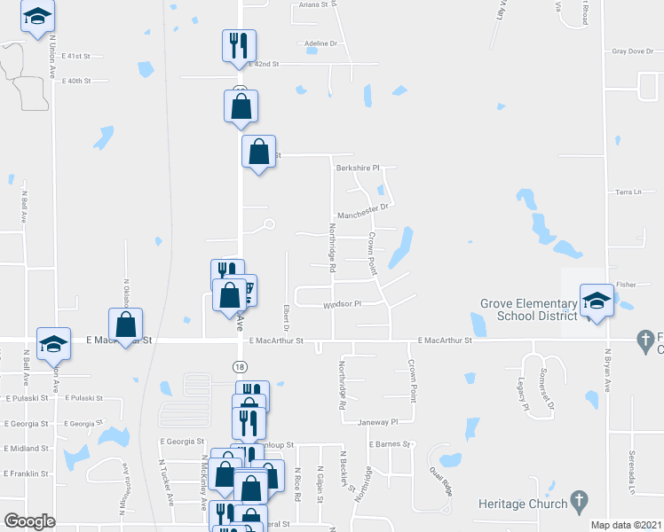 map of restaurants, bars, coffee shops, grocery stores, and more near Palmer Drive in Shawnee