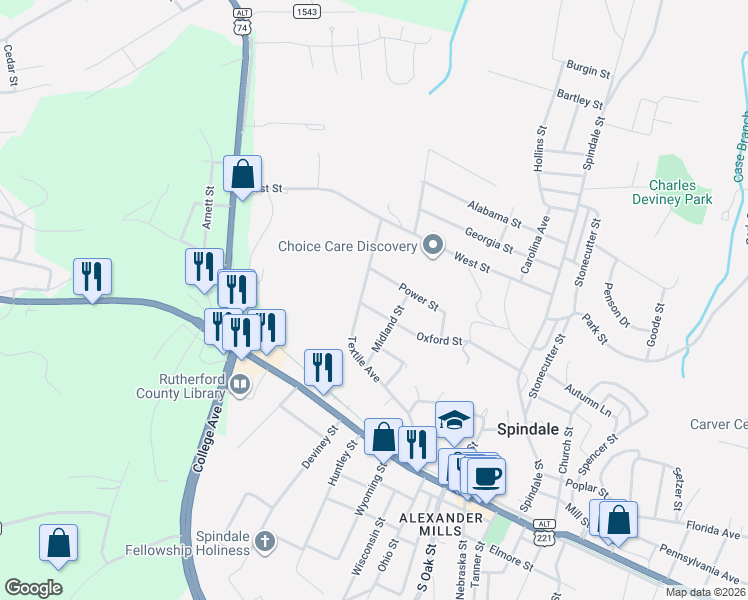 map of restaurants, bars, coffee shops, grocery stores, and more near 207 Oxford Street in Spindale