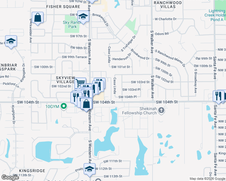 map of restaurants, bars, coffee shops, grocery stores, and more near 10417 Casa Linda in Oklahoma City