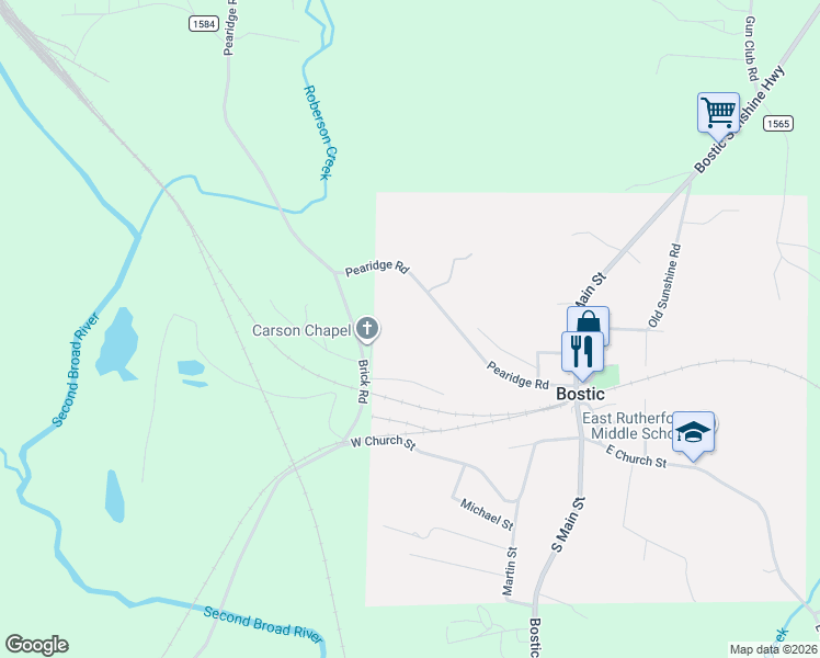 map of restaurants, bars, coffee shops, grocery stores, and more near 201 Harris Street in Bostic