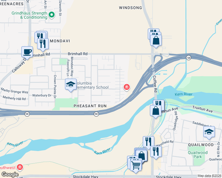 map of restaurants, bars, coffee shops, grocery stores, and more near Fox Run Drive in Bakersfield