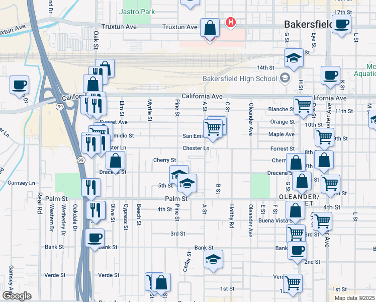 map of restaurants, bars, coffee shops, grocery stores, and more near 630 Pine Street in Bakersfield
