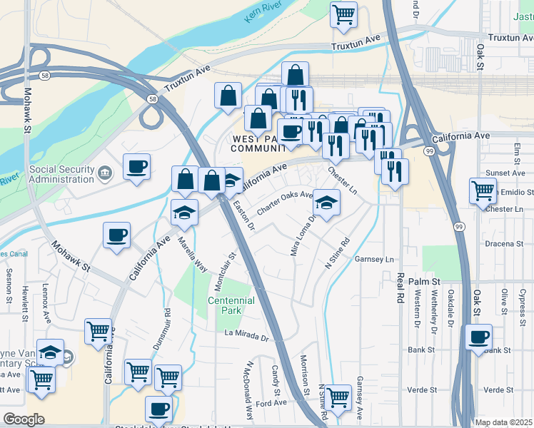map of restaurants, bars, coffee shops, grocery stores, and more near 801 Montclair Street in Bakersfield