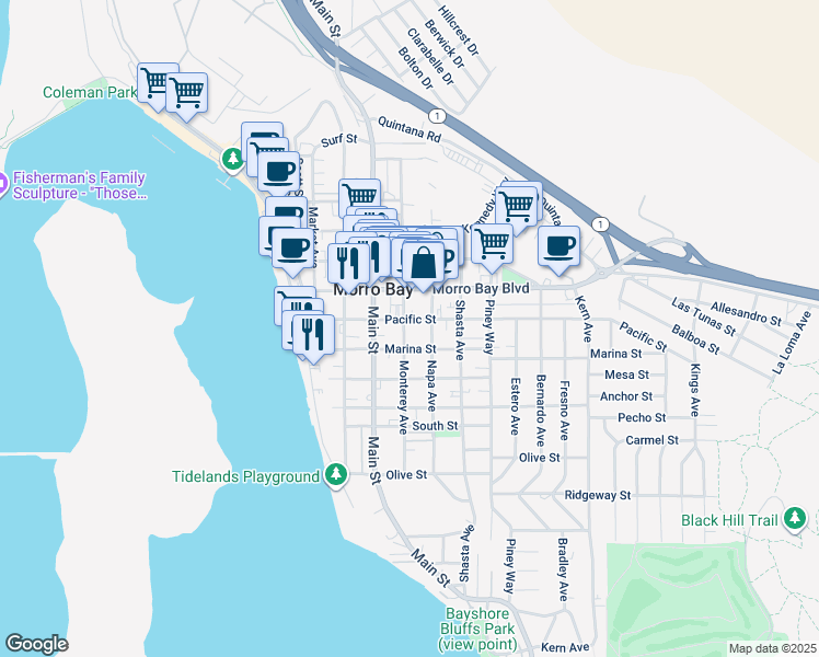 map of restaurants, bars, coffee shops, grocery stores, and more near 390 Marina Street in Morro Bay
