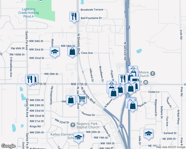 map of restaurants, bars, coffee shops, grocery stores, and more near 2808 North Shields Boulevard in Moore
