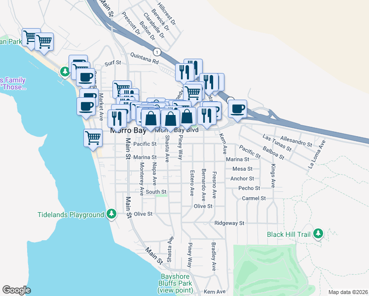 map of restaurants, bars, coffee shops, grocery stores, and more near 611 Estero Avenue in Morro Bay